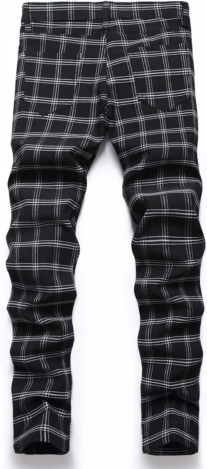 Plaid Pants for Men, Stretch Mens Slim Fit Dress Pants Skinny Flat-Front Fashion Business Casual Chinos Pants