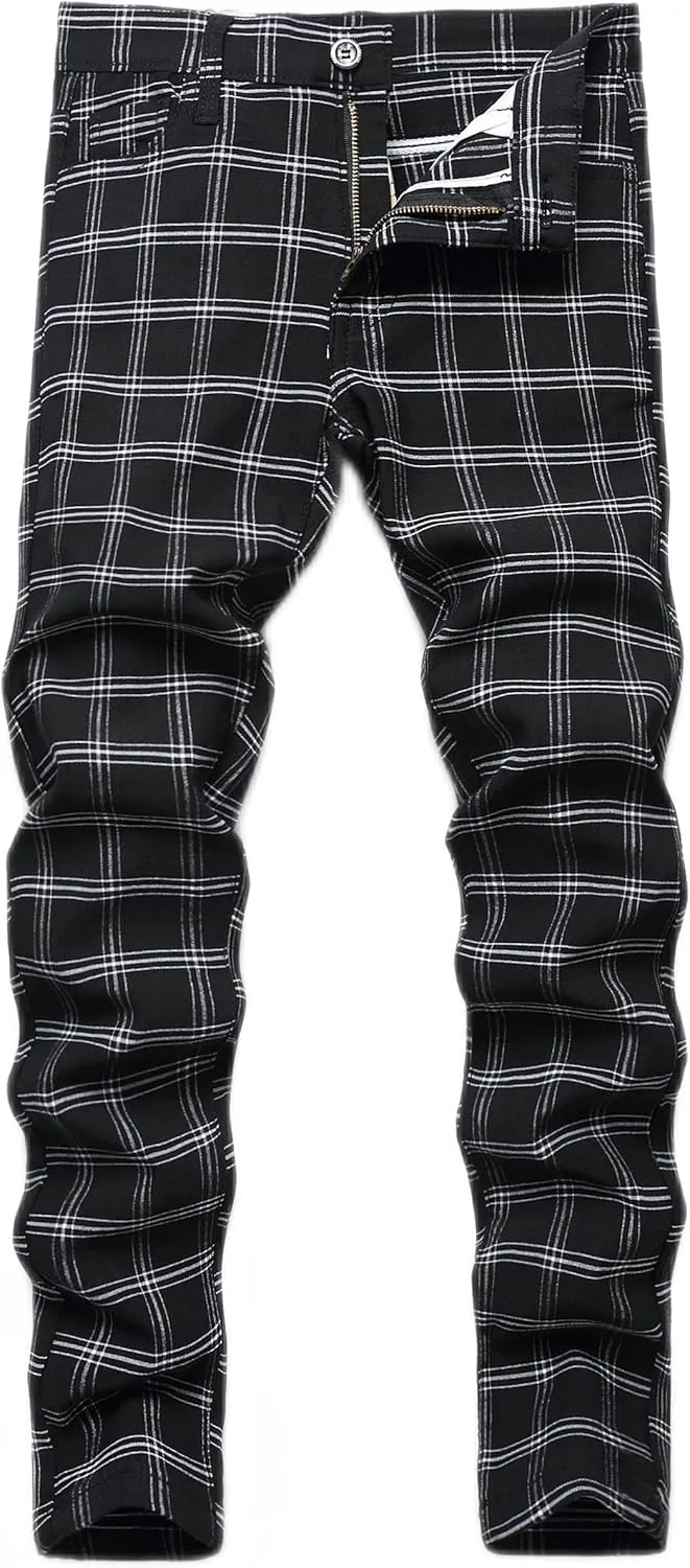 Plaid Pants for Men, Stretch Mens Slim Fit Dress Pants Skinny Flat-Front Fashion Business Casual Chinos Pants