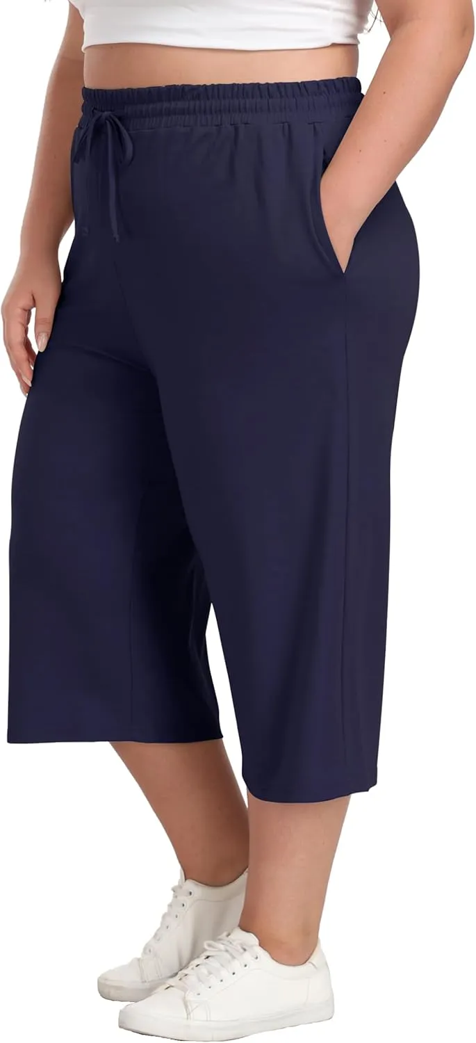 Plus Size Capris for Women Summer Wide Leg Casual Pants Loose Fit Cropped Workout Pants with Pockets Drawstring