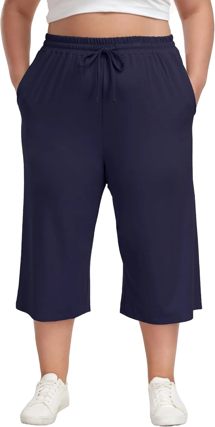 Plus Size Capris for Women Summer Wide Leg Casual Pants Loose Fit Cropped Workout Pants with Pockets Drawstring