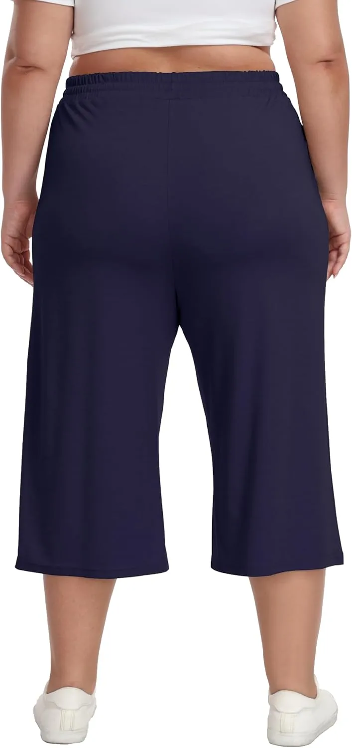 Plus Size Capris for Women Summer Wide Leg Casual Pants Loose Fit Cropped Workout Pants with Pockets Drawstring