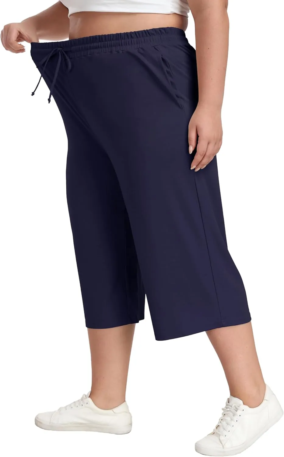 Plus Size Capris for Women Summer Wide Leg Casual Pants Loose Fit Cropped Workout Pants with Pockets Drawstring