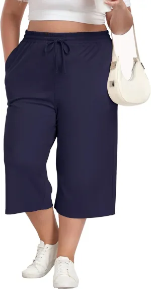 Plus Size Capris for Women Summer Wide Leg Casual Pants Loose Fit Cropped Workout Pants with Pockets Drawstring