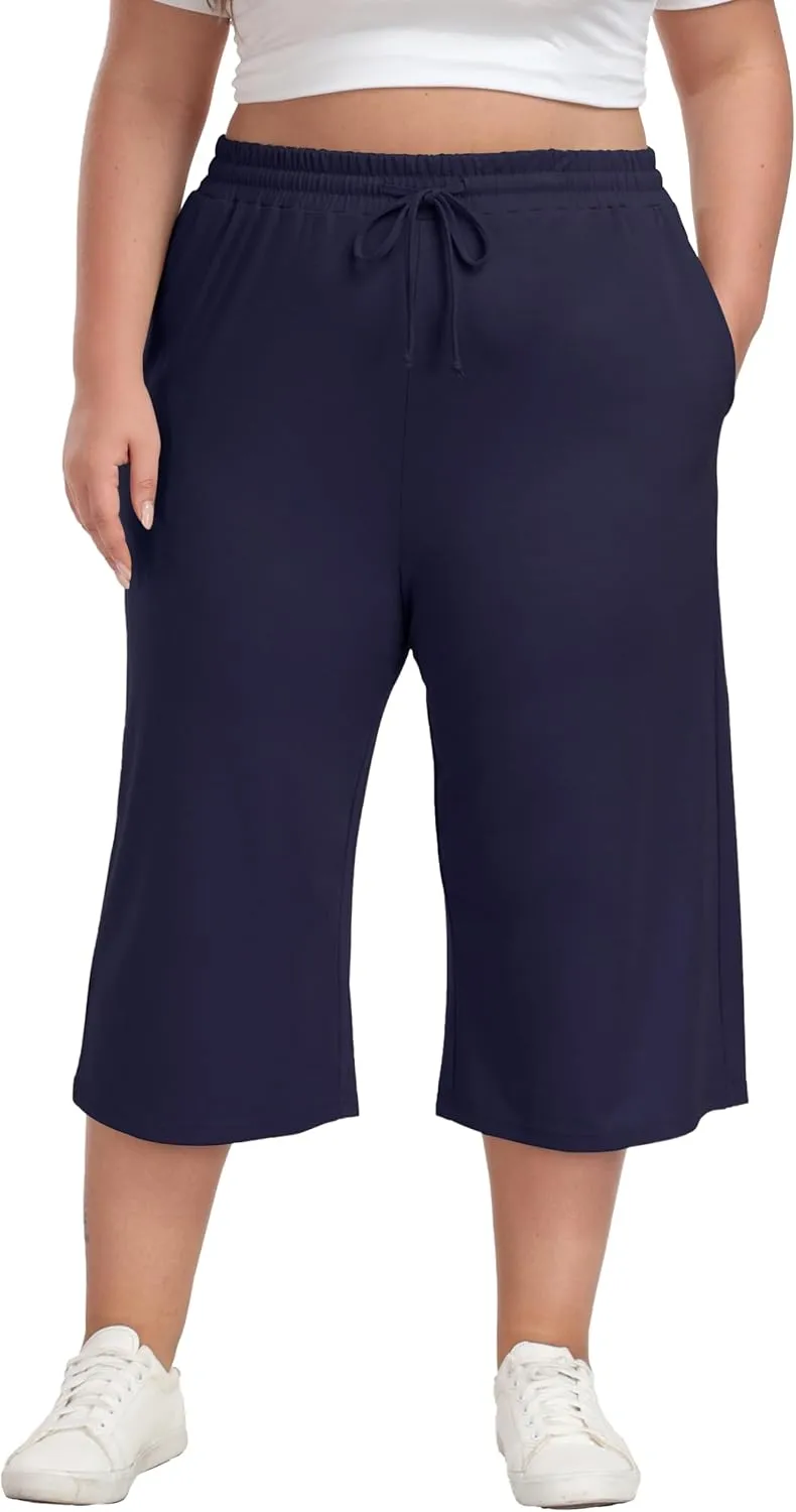 Plus Size Capris for Women Summer Wide Leg Casual Pants Loose Fit Cropped Workout Pants with Pockets Drawstring