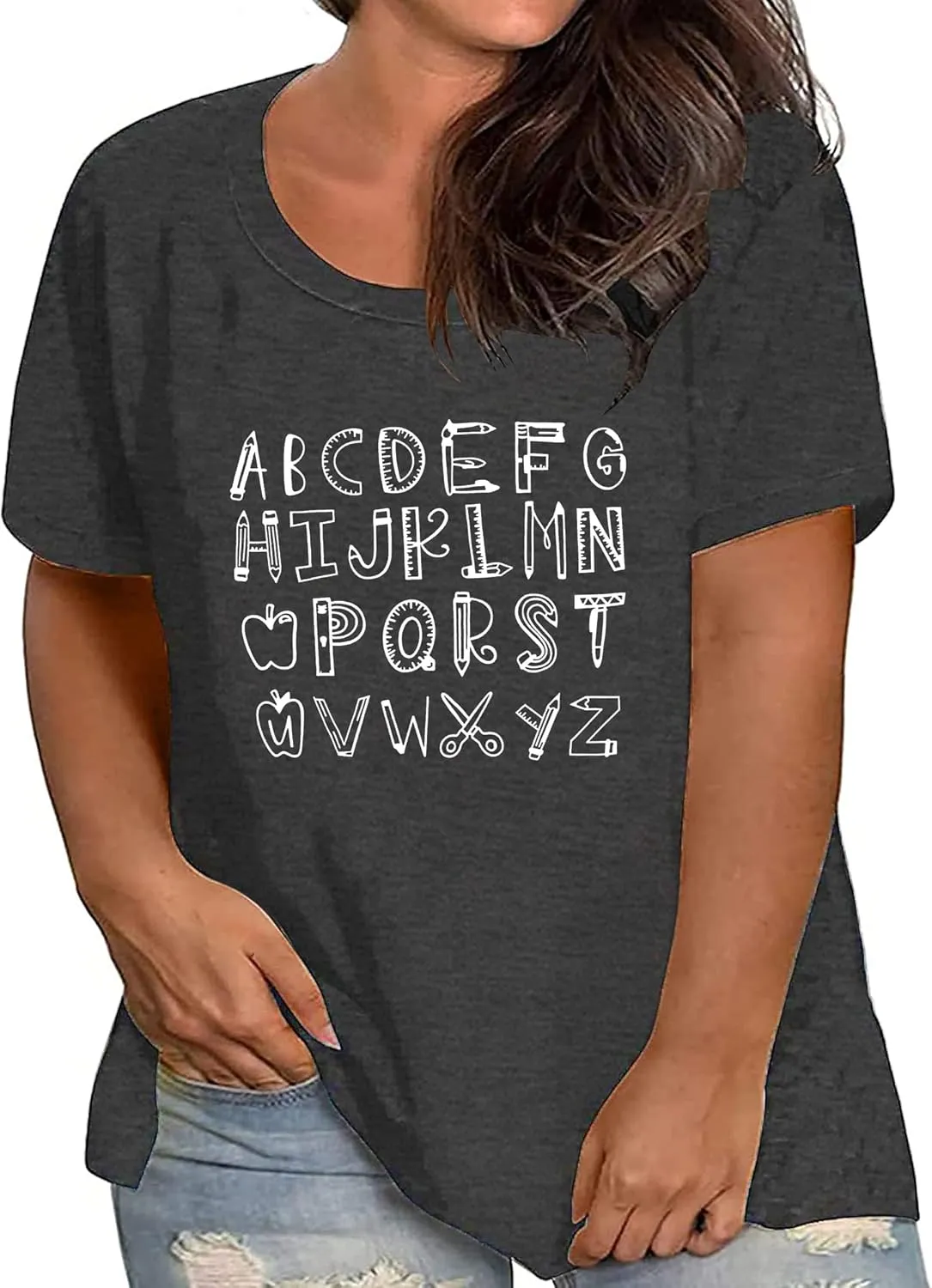 Plus Size Teacher Shirt Women Teaching Tshirt ABC Alphabet Graphic Tee Tops Teachers Gift T-Shirt