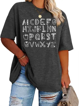 Plus Size Teacher Shirt Women Teaching Tshirt ABC Alphabet Graphic Tee Tops Teachers Gift T-Shirt