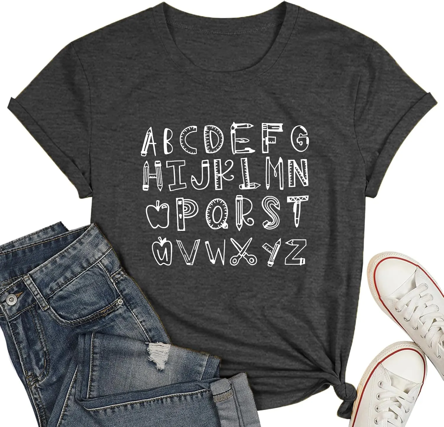 Plus Size Teacher Shirt Women Teaching Tshirt ABC Alphabet Graphic Tee Tops Teachers Gift T-Shirt