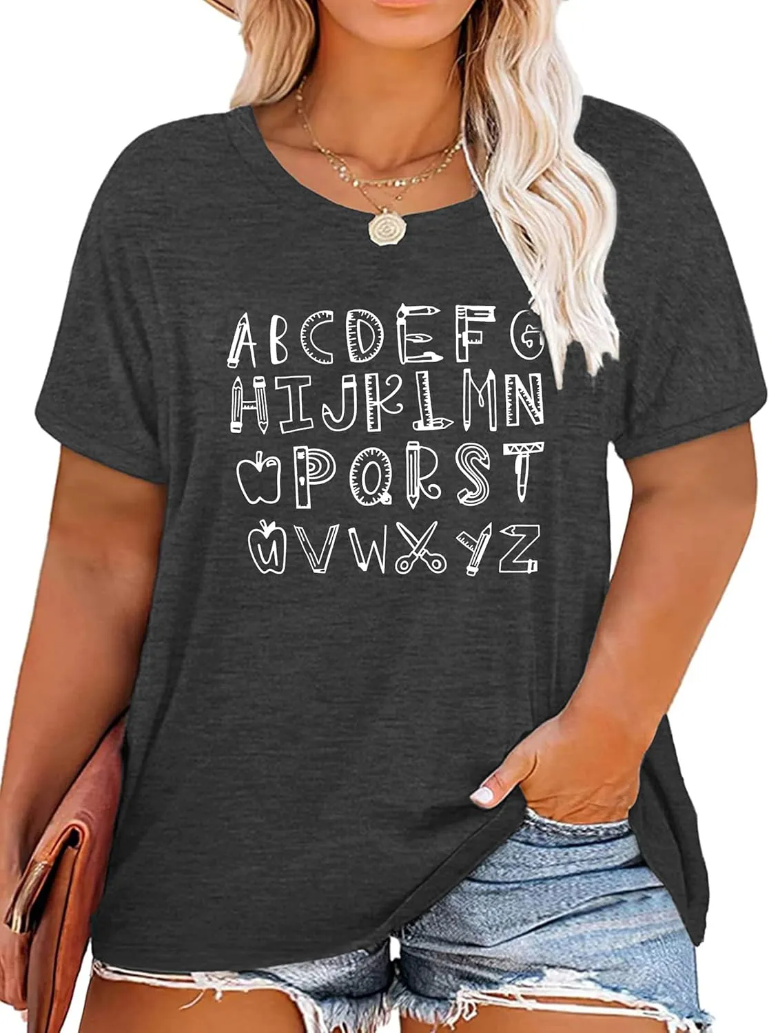 Plus Size Teacher Shirt Women Teaching Tshirt ABC Alphabet Graphic Tee Tops Teachers Gift T-Shirt
