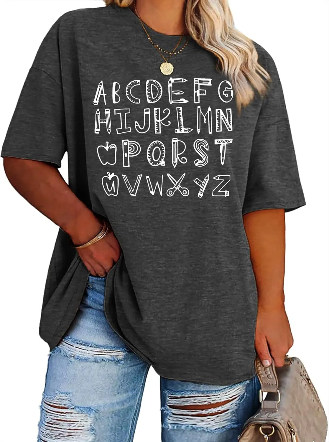 Plus Size Teacher Shirt Women Teaching Tshirt ABC Alphabet Graphic Tee Tops Teachers Gift T-Shirt