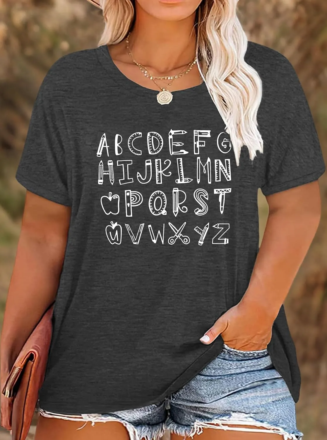 Plus Size Teacher Shirt Women Teaching Tshirt ABC Alphabet Graphic Tee Tops Teachers Gift T-Shirt