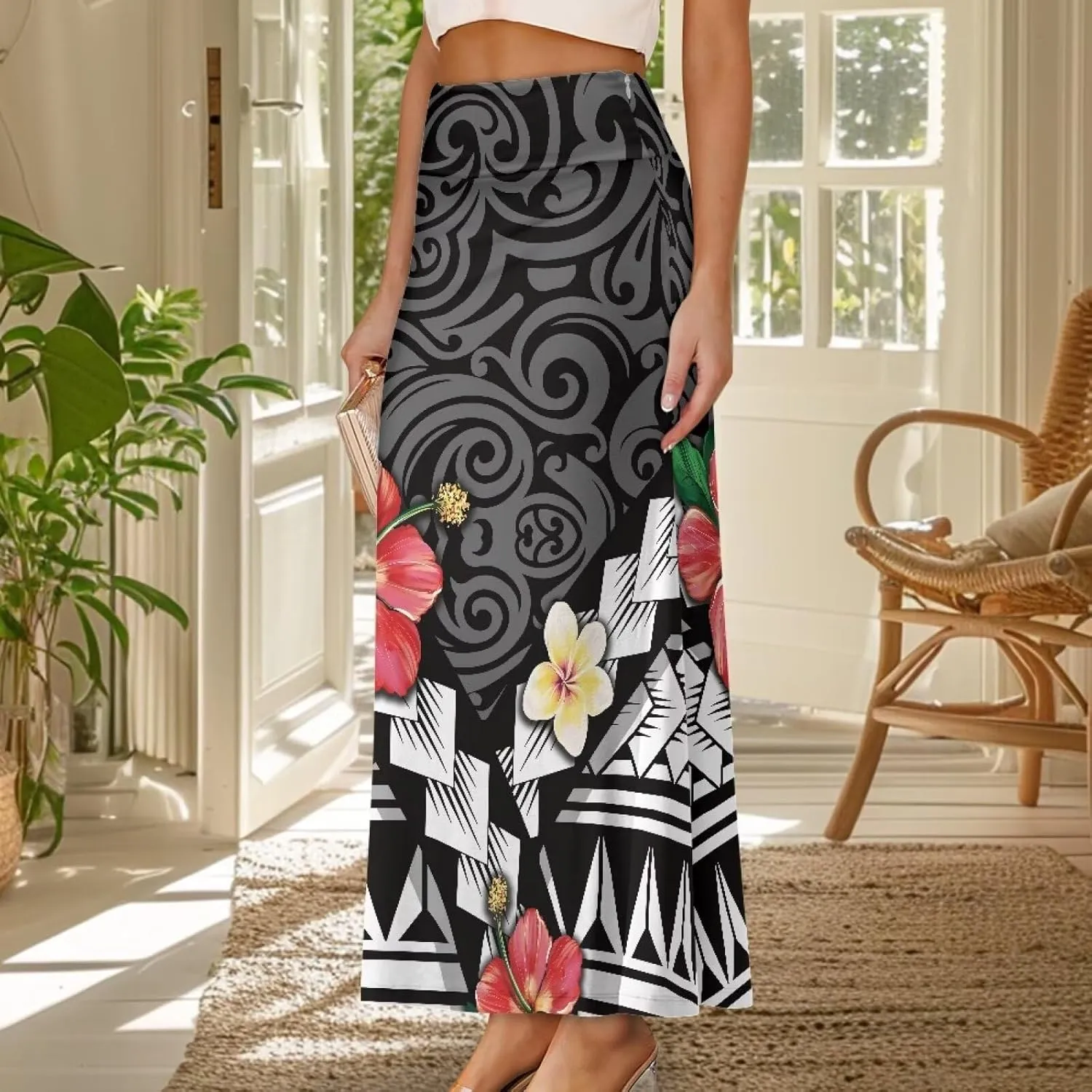 Polynesian Tapa Puletasi Samoan Long Maxi Skirts for Women Vintage High Waisted A-Link Long Maxi Skirt