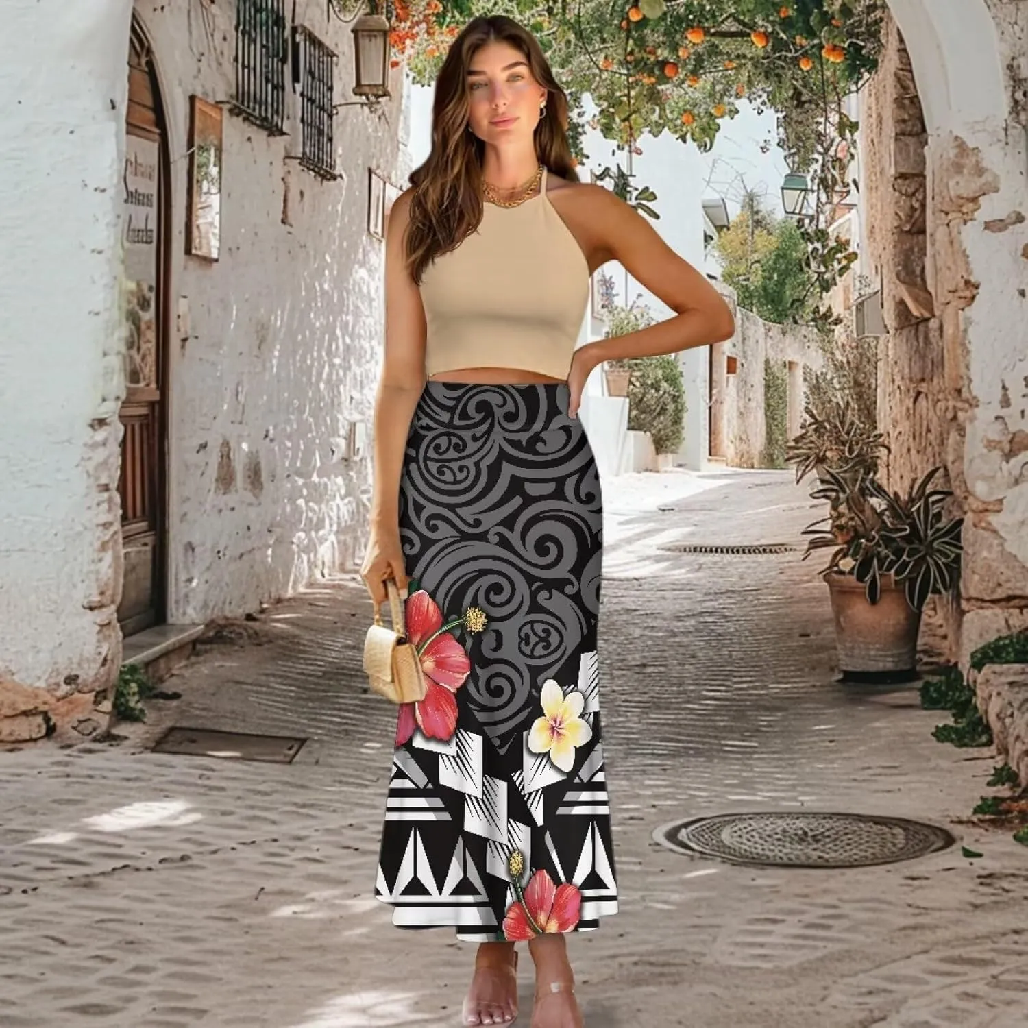 Polynesian Tapa Puletasi Samoan Long Maxi Skirts for Women Vintage High Waisted A-Link Long Maxi Skirt