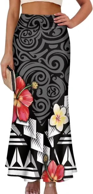 Polynesian Tapa Puletasi Samoan Long Maxi Skirts for Women Vintage High Waisted A-Link Long Maxi Skirt