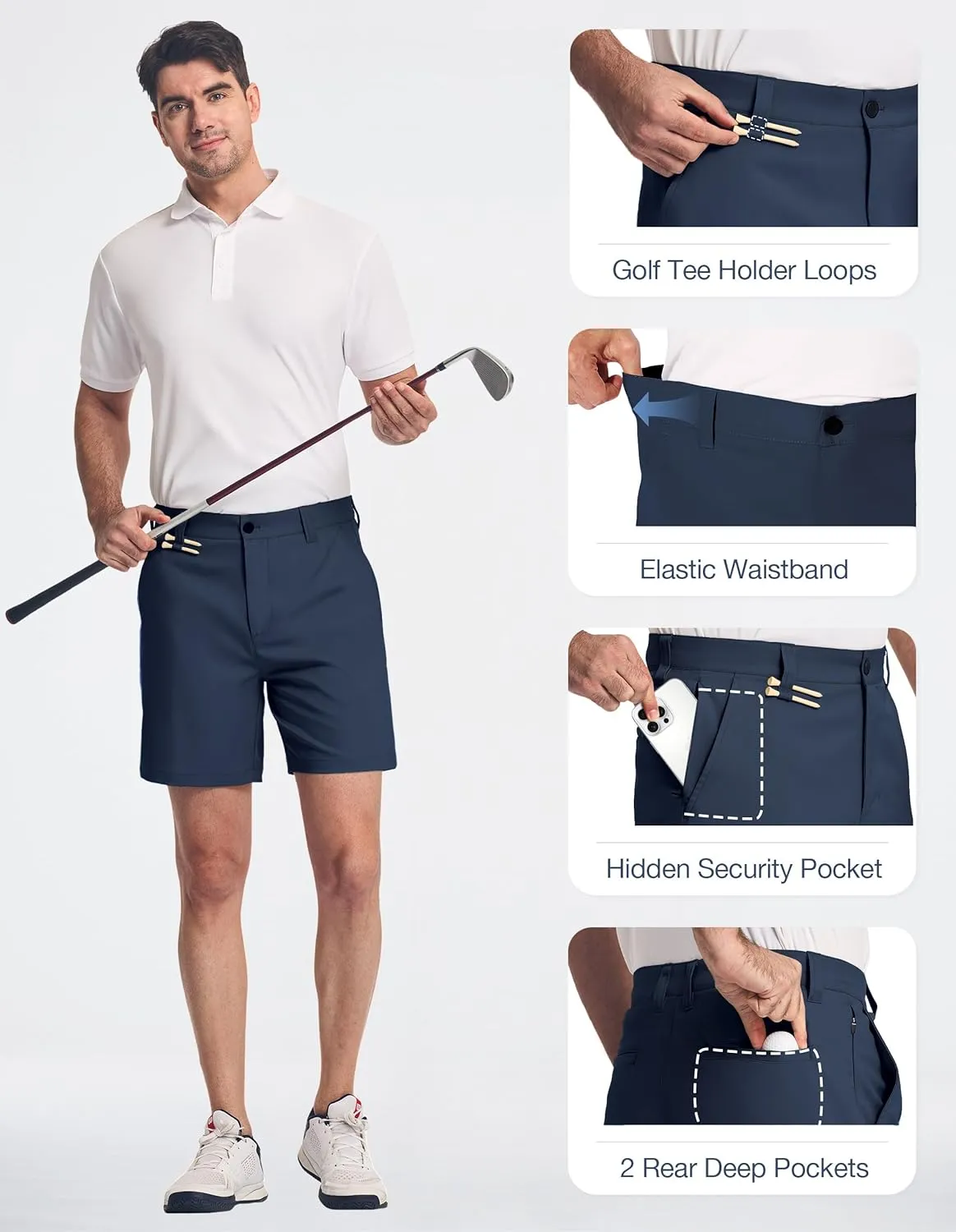 PULI Men's 7 Inch Golf Dress Shorts Lightweight Flat Front with Golf Tee Holder Belt Loops for Casual Hiking Business Travel
