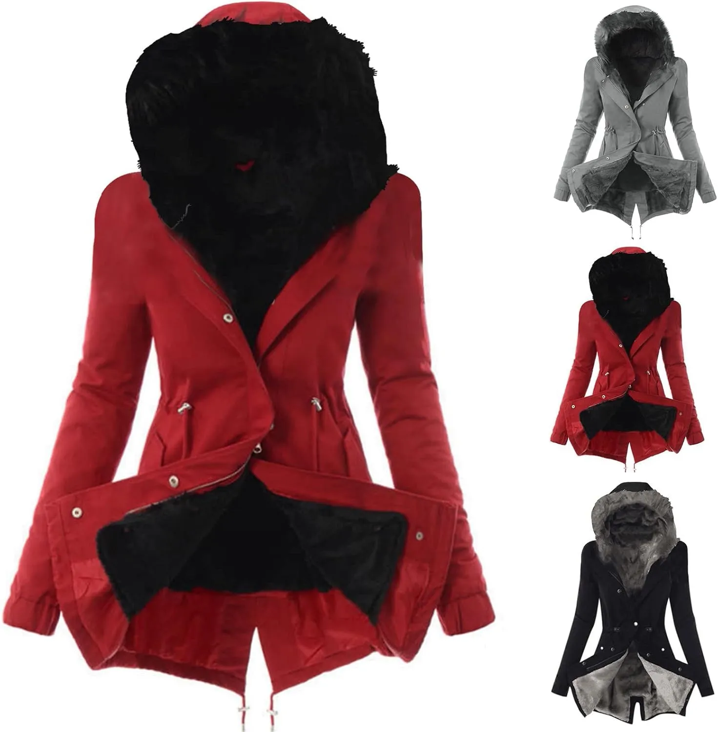 Qeaghou Fleece Lined Winter Coats for Women Warm Trench Coat Furry Windbreaker Ski Jacket Fuzzy Solid Jacket with Hood