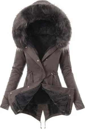 Qeaghou Fleece Lined Winter Coats for Women Warm Trench Coat Furry Windbreaker Ski Jacket Fuzzy Solid Jacket with Hood