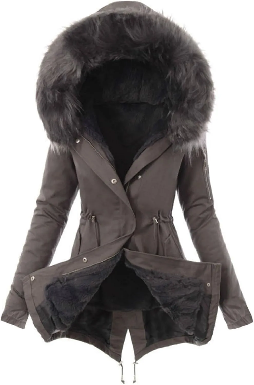 Qeaghou Fleece Lined Winter Coats for Women Warm Trench Coat Furry Windbreaker Ski Jacket Fuzzy Solid Jacket with Hood