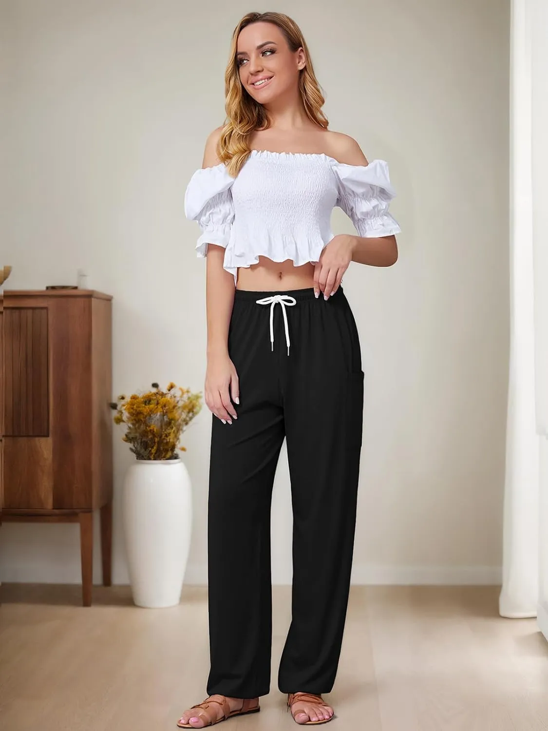 QIANXIZHAN Women's Harem Pants, Hippie Palazzo Pants Boho Joggers Yoga Clothes with Pockets