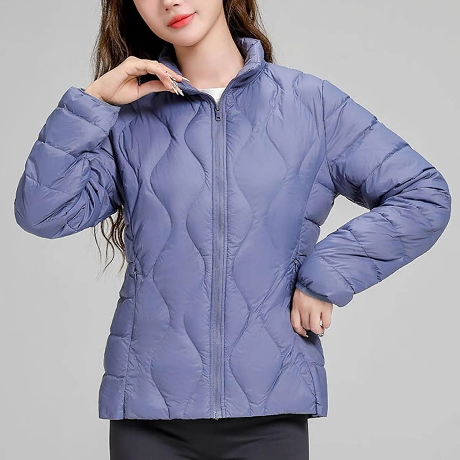 Quilted Lightweight Jacket for Women Plus Size Short Puffer Coats Stand Collar Zip Up Warm Down Jacket Fall Winter