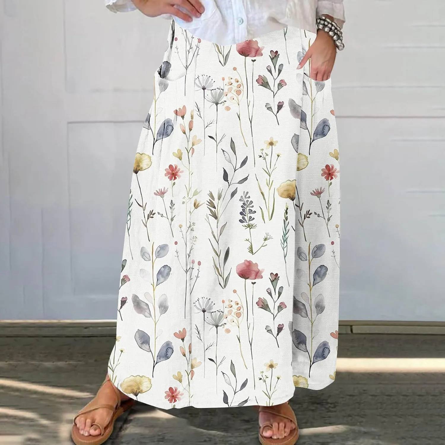 Retro Print Maxi Skirt for Womens Boho Floral High Waist Split A Line Skirt Vintage Lace-Up Long Skirt Streetwear