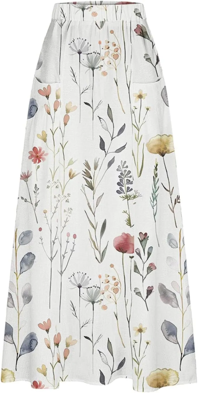 Retro Print Maxi Skirt for Womens Boho Floral High Waist Split A Line Skirt Vintage Lace-Up Long Skirt Streetwear