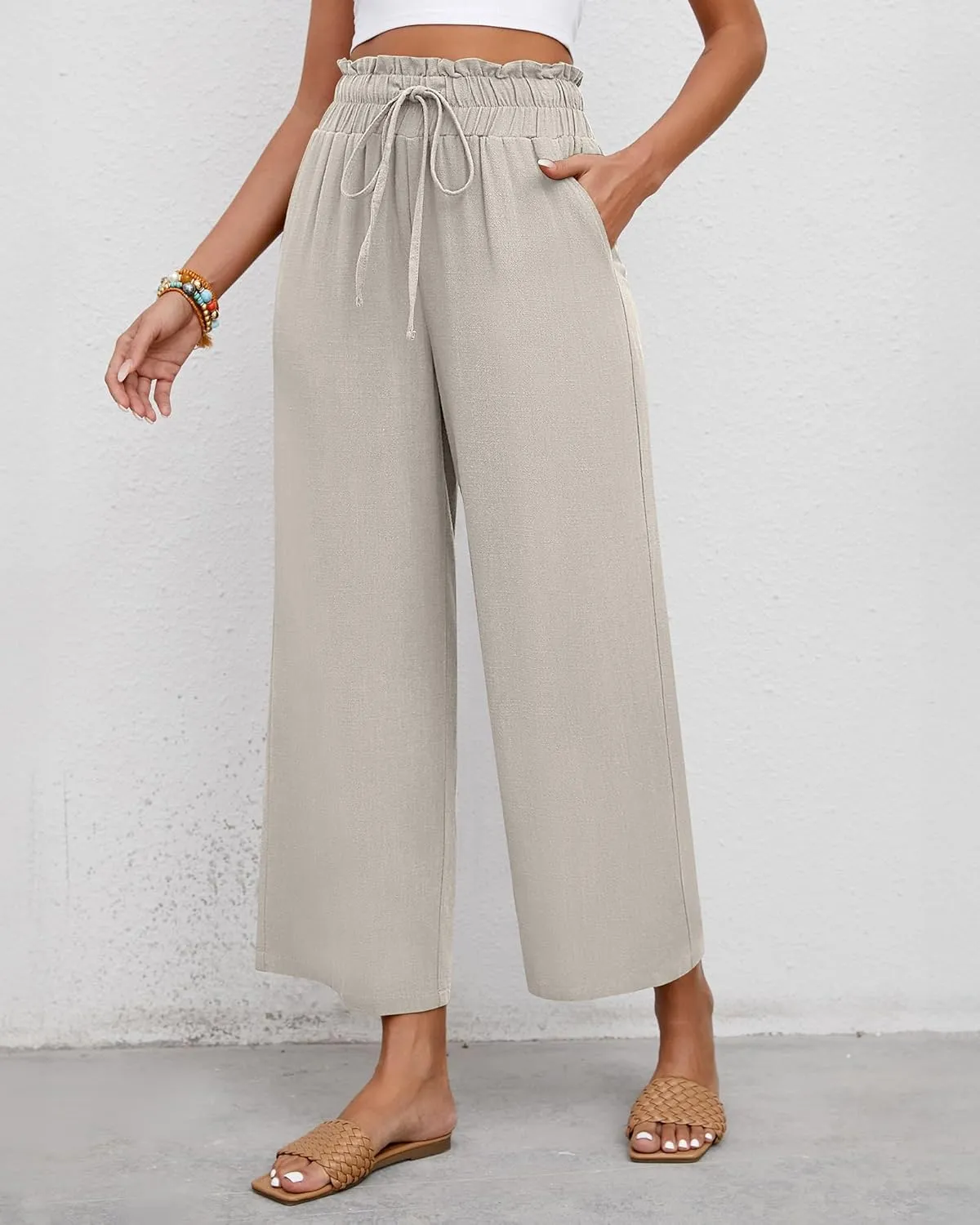 Riyiper 2 Pcs Women's Wide Leg Pants, Casual Linen High Waisted Cropped Trousers with Pockets Drawstring Loose Palazzo Pants