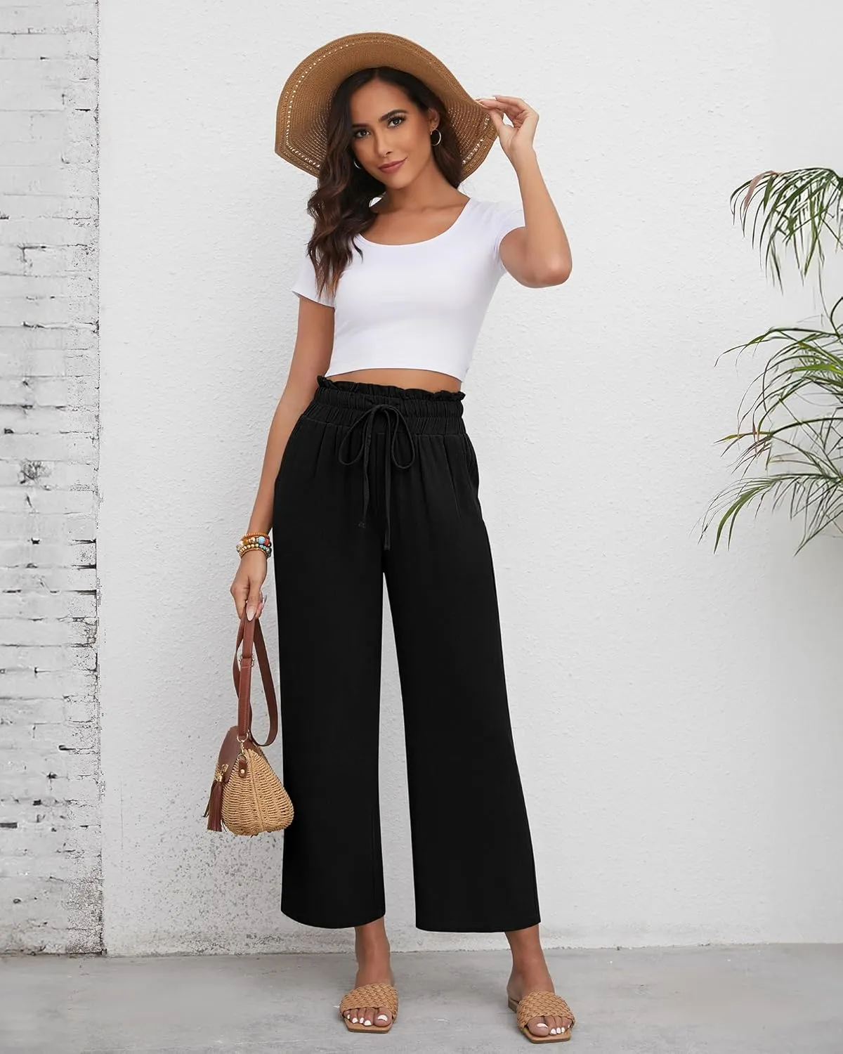 Riyiper 2 Pcs Women's Wide Leg Pants, Casual Linen High Waisted Cropped Trousers with Pockets Drawstring Loose Palazzo Pants