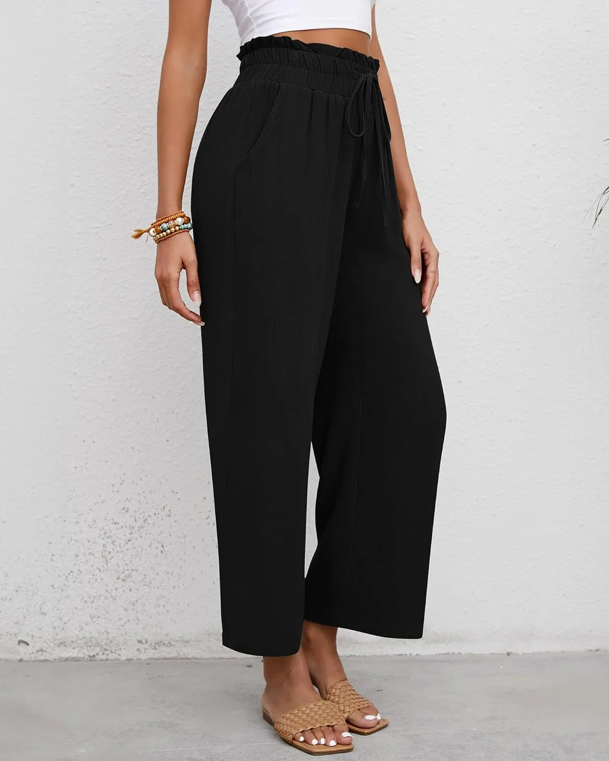 Riyiper 2 Pcs Women's Wide Leg Pants, Casual Linen High Waisted Cropped Trousers with Pockets Drawstring Loose Palazzo Pants