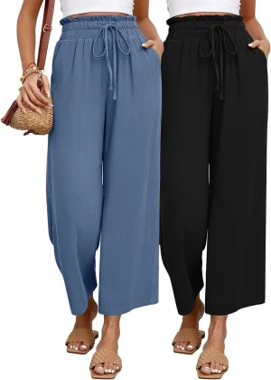 Riyiper 2 Pcs Women's Wide Leg Pants, Casual Linen High Waisted Cropped Trousers with Pockets Drawstring Loose Palazzo Pants