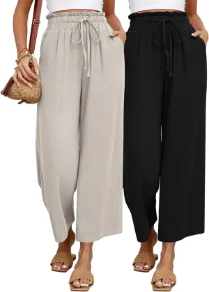 Riyiper 2 Pcs Women's Wide Leg Pants, Casual Linen High Waisted Cropped Trousers with Pockets Drawstring Loose Palazzo Pants
