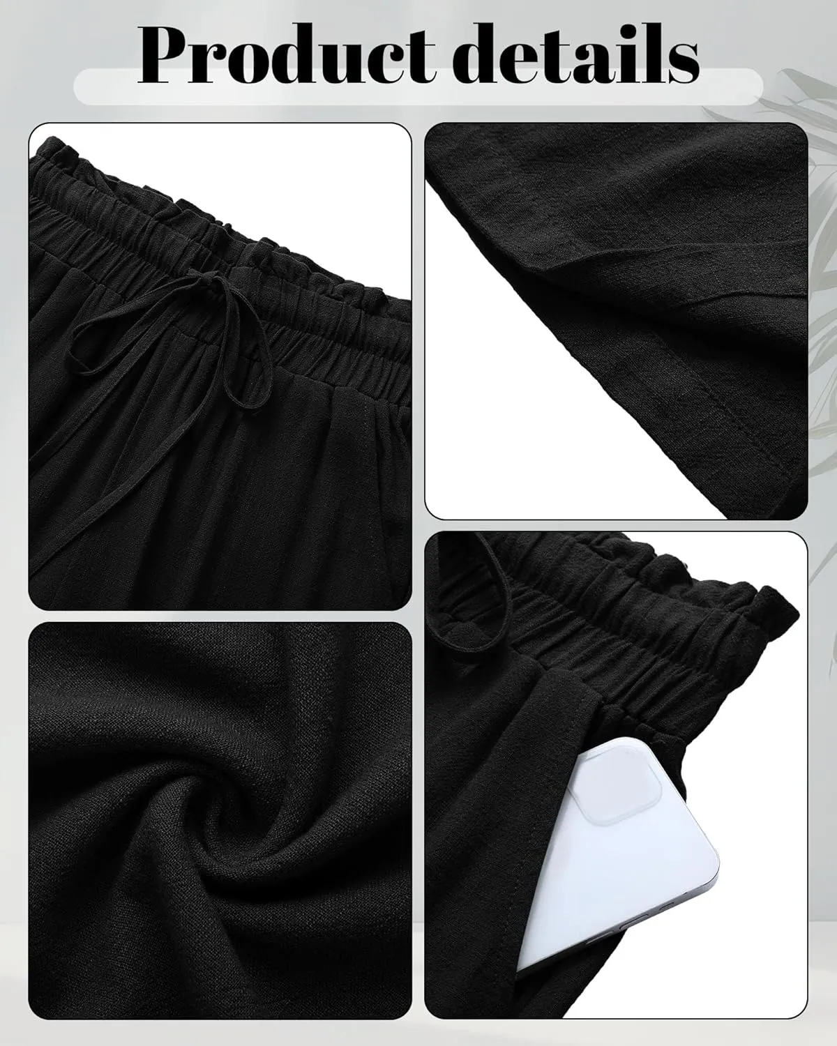 Riyiper 2 Pcs Women's Wide Leg Pants, Casual Linen High Waisted Cropped Trousers with Pockets Drawstring Loose Palazzo Pants