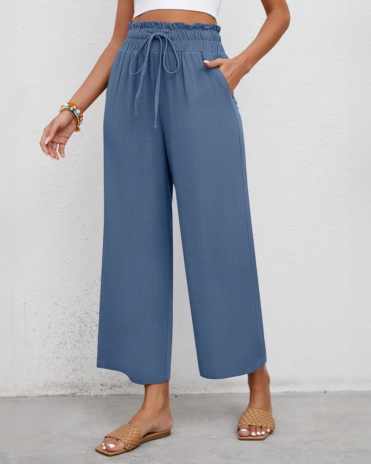 Riyiper 2 Pcs Women's Wide Leg Pants, Casual Linen High Waisted Cropped Trousers with Pockets Drawstring Loose Palazzo Pants