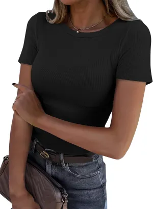 Roselux Women Crew Neck Ribbed Fitted Tight Tshirt Short Sleeve Shirt Basic Knit Top