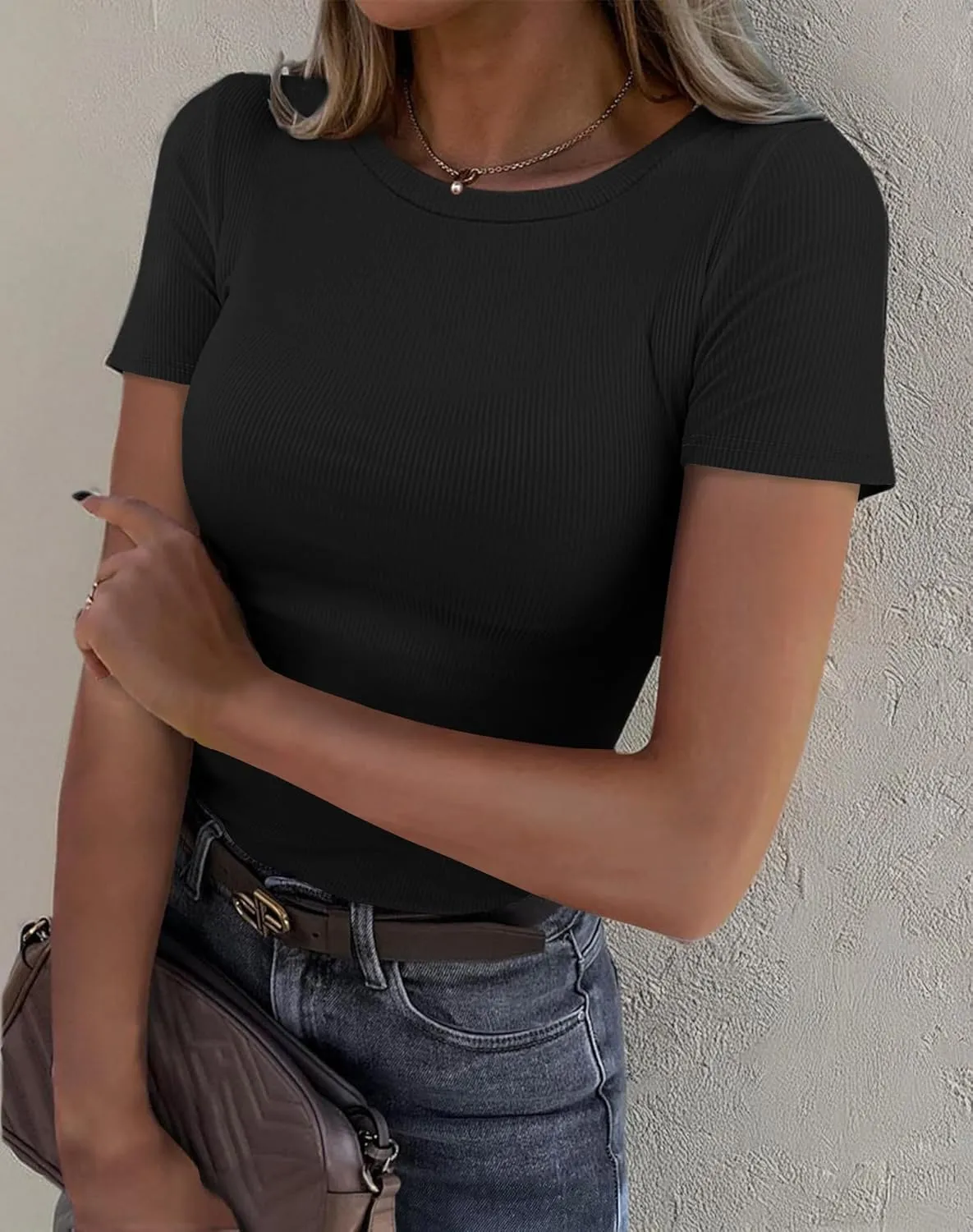 Roselux Women Crew Neck Ribbed Fitted Tight Tshirt Short Sleeve Shirt Basic Knit Top
