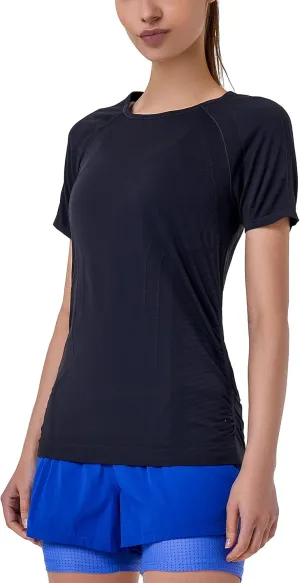 RUNNING GIRL Seamless Workout Shirts for WomenShort Sleeve T-Shirt Stretch Tees Quick Dry Gym Athletic Tops(2853_Black_L)