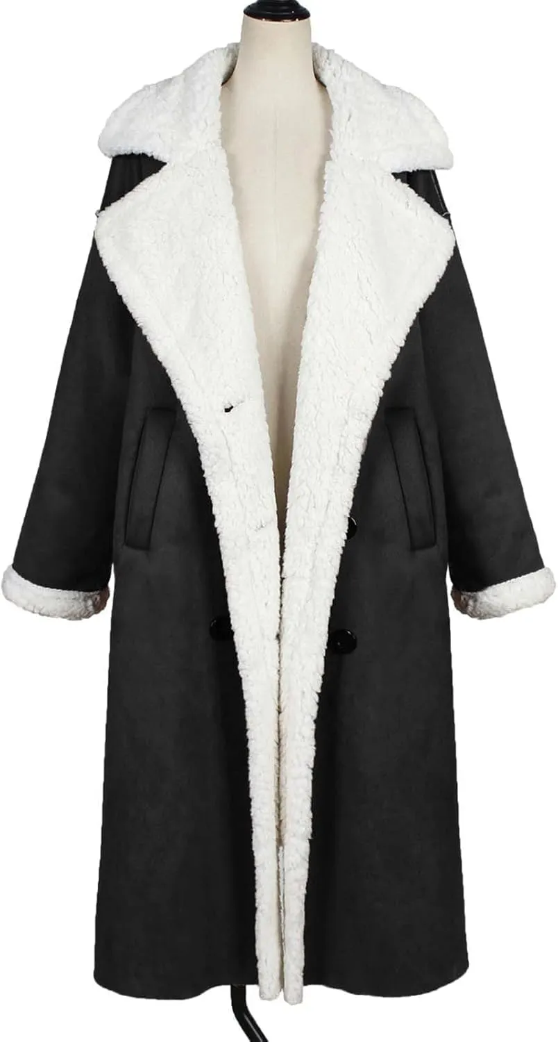 SACFOF Women Sherpa Lined Long Jacket Faux Leather Shearling Jacket Fur Collar Long Trench Coats Winter Lapel Fleece Coat