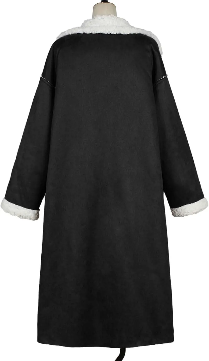 SACFOF Women Sherpa Lined Long Jacket Faux Leather Shearling Jacket Fur Collar Long Trench Coats Winter Lapel Fleece Coat