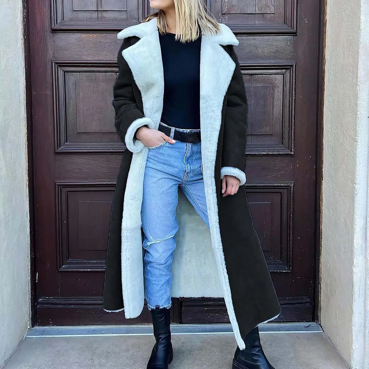 SACFOF Women Sherpa Lined Long Jacket Faux Leather Shearling Jacket Fur Collar Long Trench Coats Winter Lapel Fleece Coat