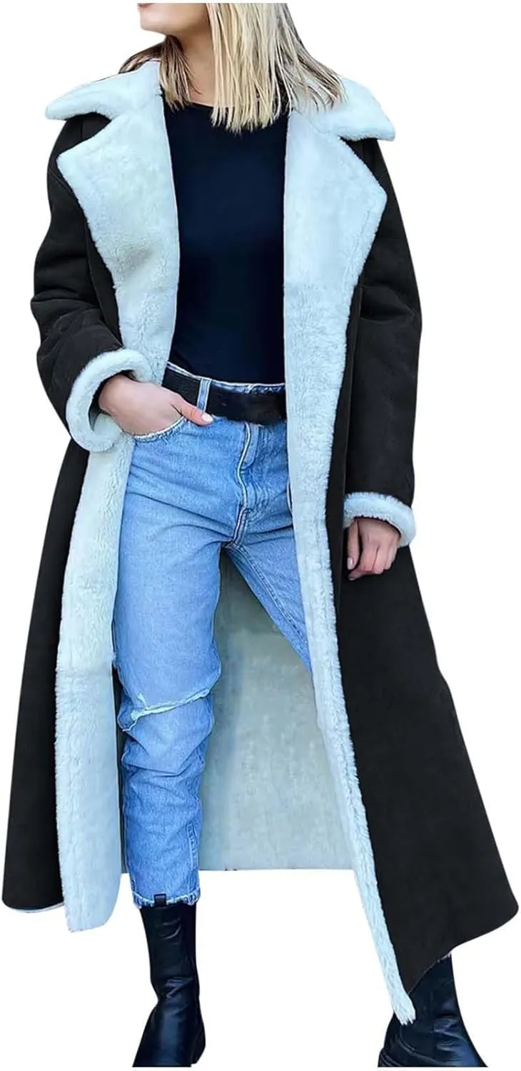SACFOF Women Sherpa Lined Long Jacket Faux Leather Shearling Jacket Fur Collar Long Trench Coats Winter Lapel Fleece Coat