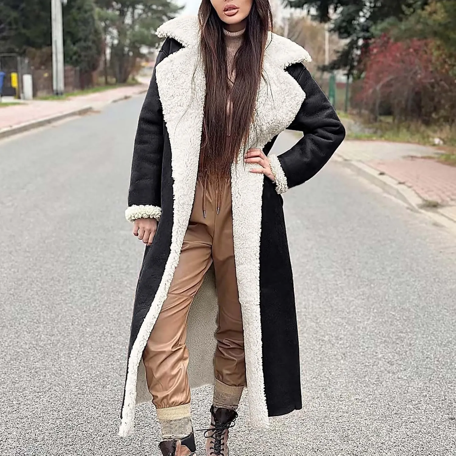 SACFOF Women Sherpa Lined Long Jacket Faux Leather Shearling Jacket Fur Collar Long Trench Coats Winter Lapel Fleece Coat