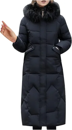 SACFOF Women's Quilted Down Jacket Winter Warm Long Coat Hooded Parka with Fur Collar Thicken Puffer Outwears
