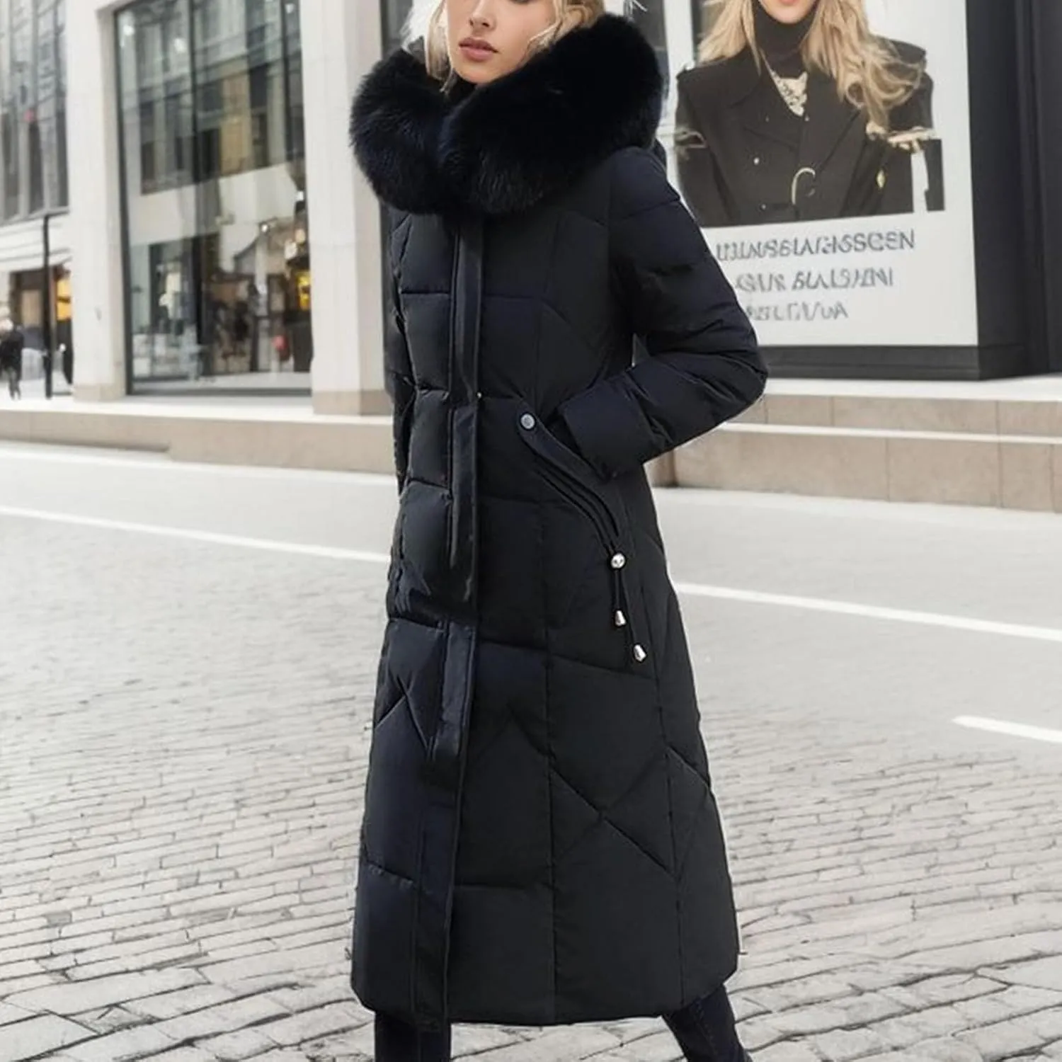 SACFOF Women's Quilted Down Jacket Winter Warm Long Coat Hooded Parka with Fur Collar Thicken Puffer Outwears