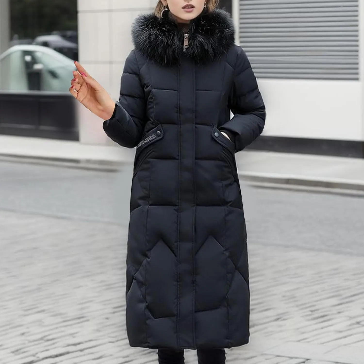 SACFOF Women's Quilted Down Jacket Winter Warm Long Coat Hooded Parka with Fur Collar Thicken Puffer Outwears