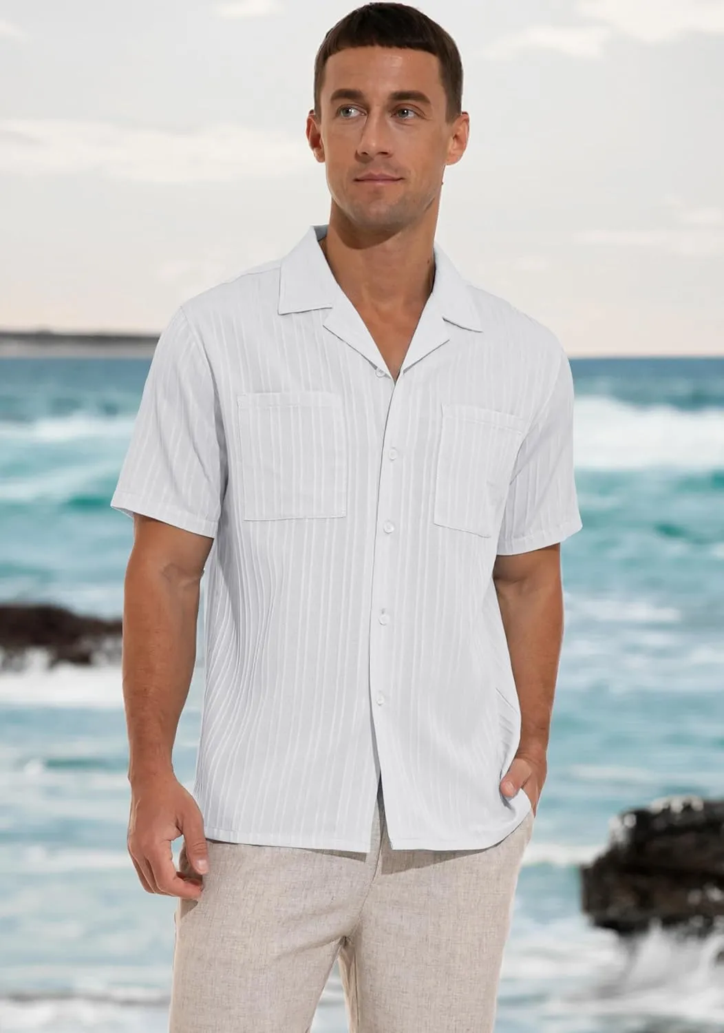 Sailwind Men's Short Sleeve Cuban Guayabera Shirt Relaxed Fit Shirt Casual Summer Beach Button Down Shirts