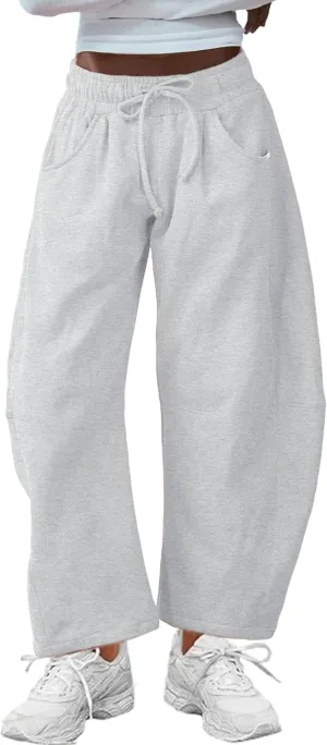 SeekMe Women's Barrel Leg Sweatpant Drawstring Elastic Waisted Wide Leg Pants Casual Cotton Palazzo Trousers with Pockets