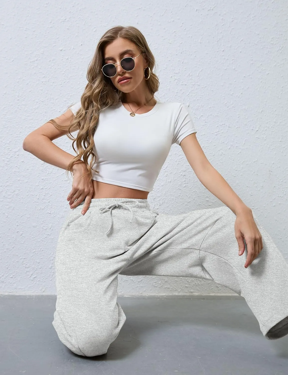 SeekMe Women's Barrel Leg Sweatpant Drawstring Elastic Waisted Wide Leg Pants Casual Cotton Palazzo Trousers with Pockets