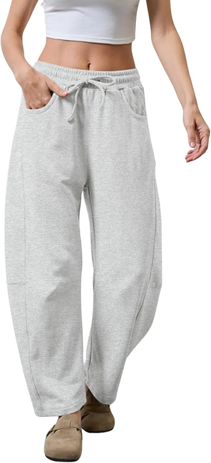 SeekMe Women's Barrel Leg Sweatpant Drawstring Elastic Waisted Wide Leg Pants Casual Cotton Palazzo Trousers with Pockets