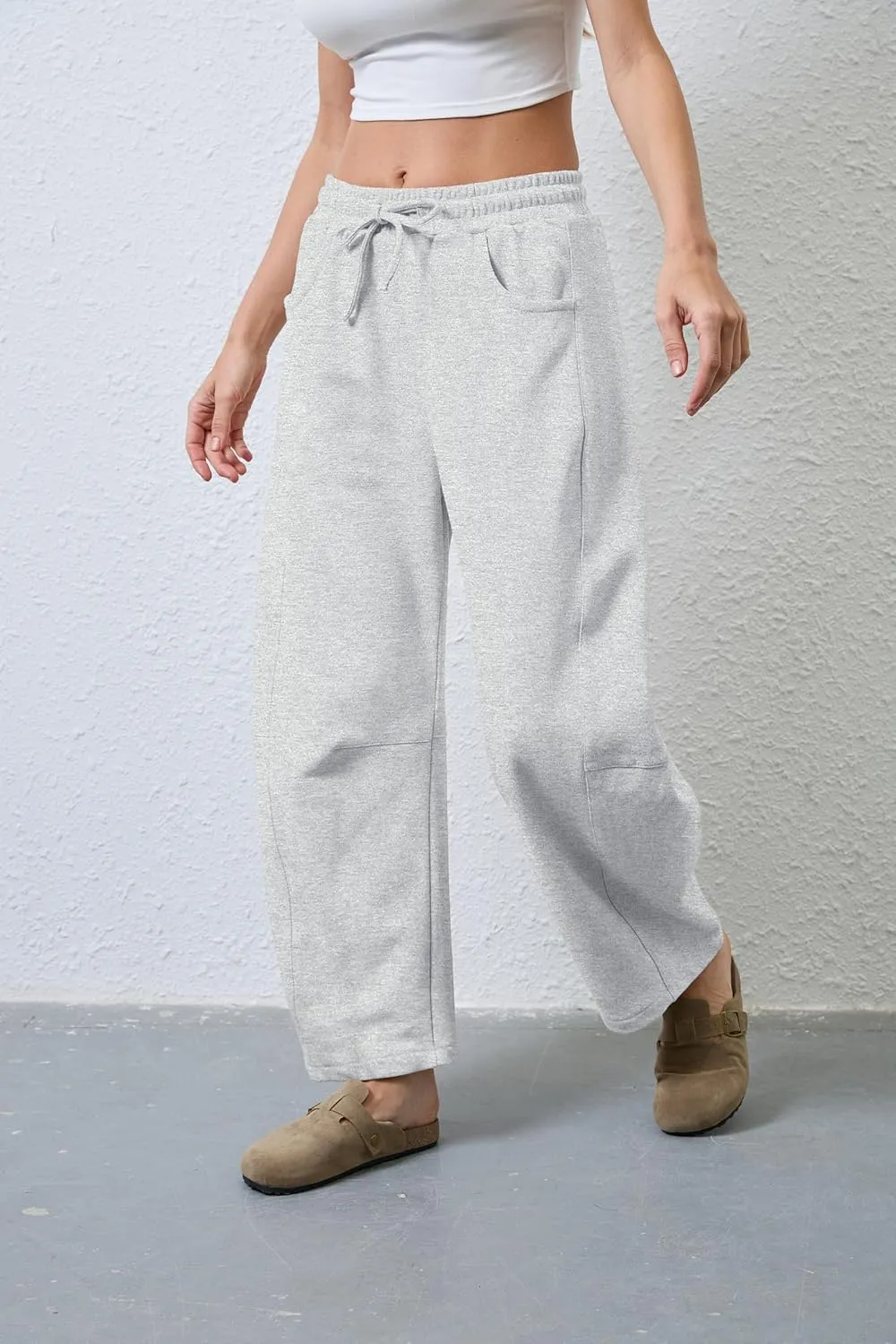 SeekMe Women's Barrel Leg Sweatpant Drawstring Elastic Waisted Wide Leg Pants Casual Cotton Palazzo Trousers with Pockets
