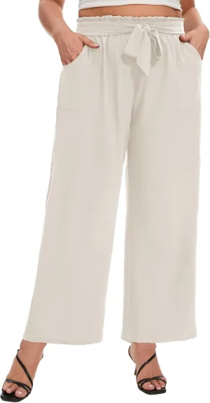 SEKINO Women's Plus Size Wide Leg Pants Loose Casual Flowy Pants Adjustable Knot Belted Lounge Beach Pants with Pockets