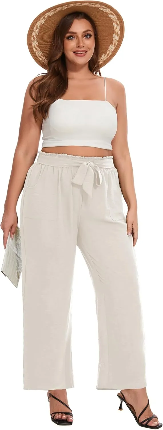 SEKINO Women's Plus Size Wide Leg Pants Loose Casual Flowy Pants Adjustable Knot Belted Lounge Beach Pants with Pockets